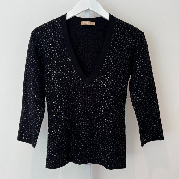 MICHAEL KORS COLLECTION BLACK SEQUINS V-KNECK SWEATER SIZE S NWOTS! - Picture 2 of 13